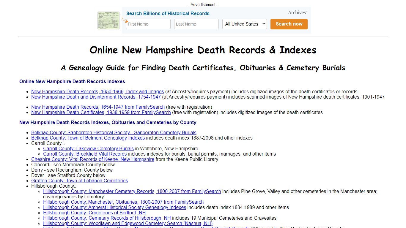 Online New Hampshire Death Indexes, Records & Obituaries